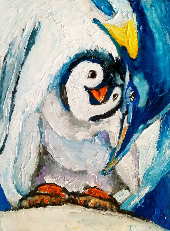 Penguin Painting Bird Original Art Penguin Chick Artwork Snow Wall Art