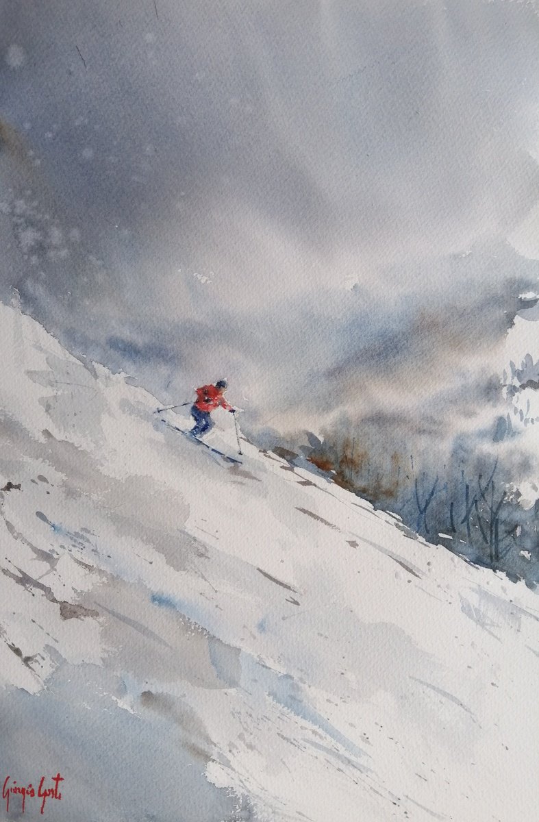 Impressionistic Watercolour , The Skier 15 By Giorgio Gosti, 14 X 21, Artwork For Sale On Artfinder