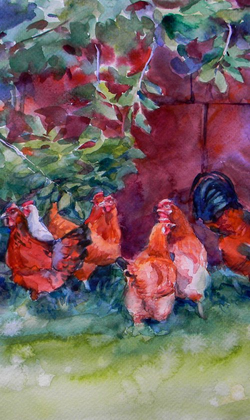 Chickens under the cherri-tree by Liudmyla Chemodanova