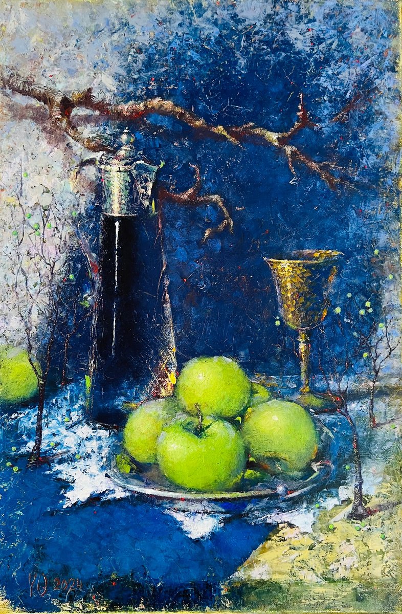 Impressionistic Still Life Oil Painting By Yulia Odukalets, 16 X 24", Green Apple Blue Still Life, Original Artwork