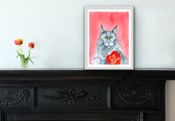 Valentine Cat portrait  with red heart - Funny gift idea for animal lover - I'm your Valentine