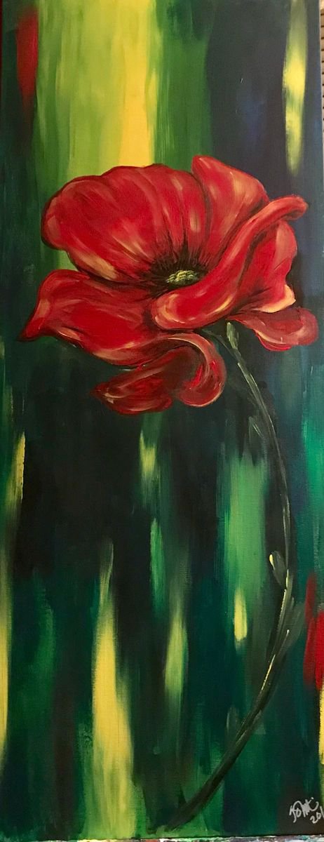 Impressionistic Botanical Acrylic Painting By Carolyn Shoemaker (Soma), 16 X 40, Vibrant Poppy, Original Artwork