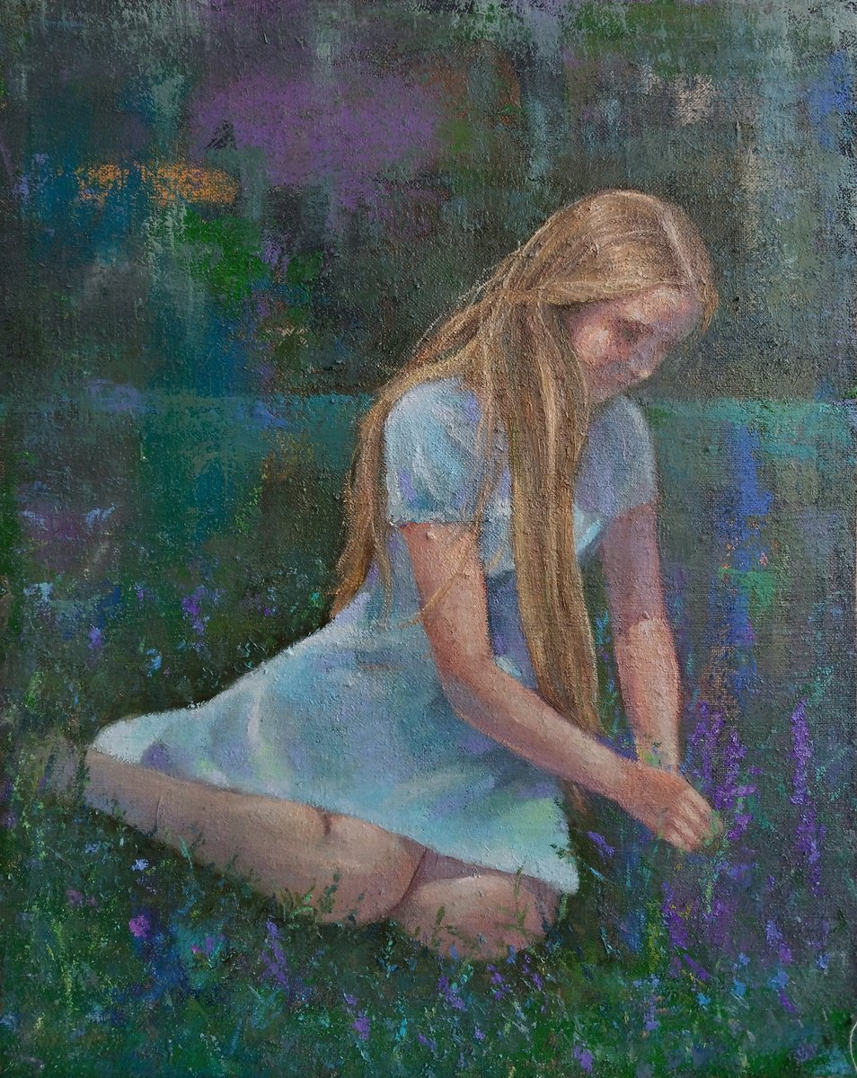 Impressionistic Portrait Oil Painting By Kamsar Ohanyan, 16 X 20", Innocence Amongst The Lavender, Original Artwork