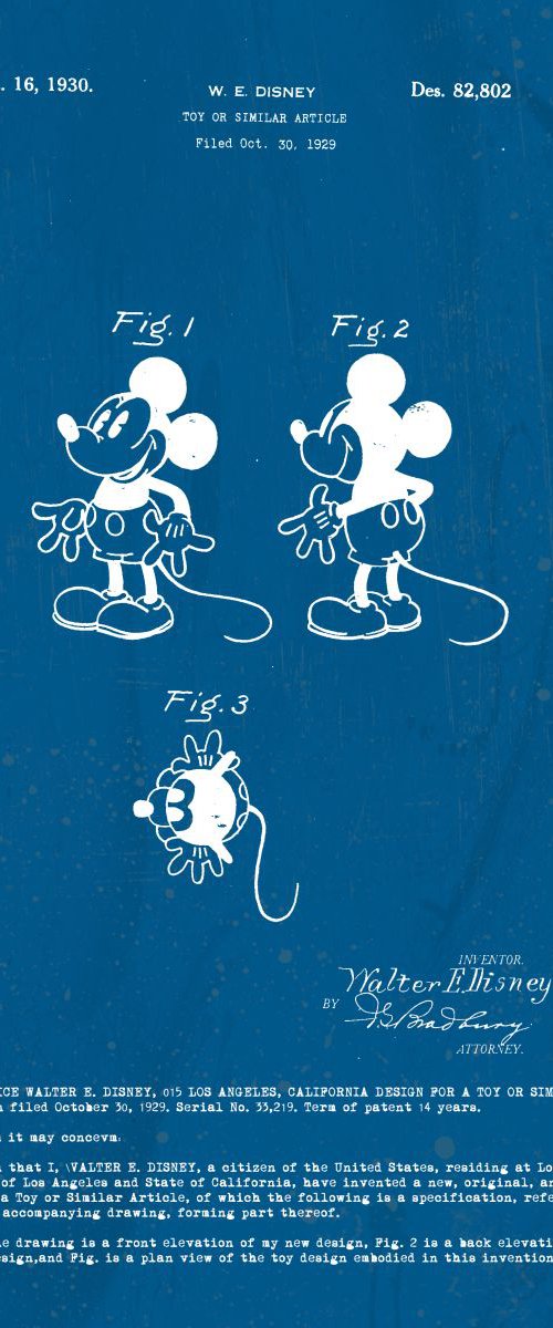 Mickey Mouse character patent - Blue - circa 1930 by Marlene Watson