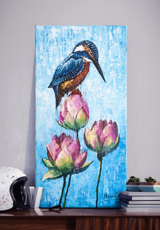 Kingfisher with water lilies