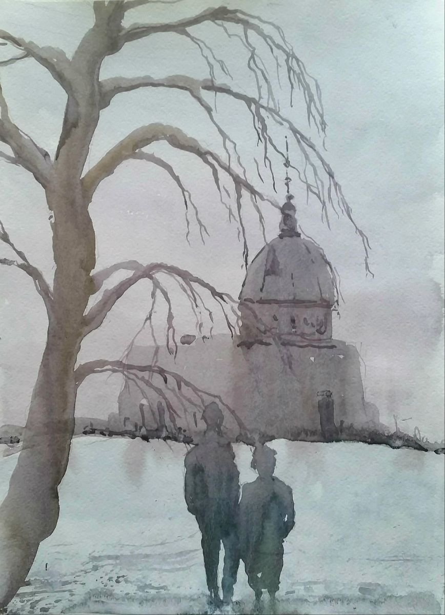 Impressionistic Still Life Watercolour By Eugene Gorbachenko, 12 X 17, Winter Walk, Original Artwork