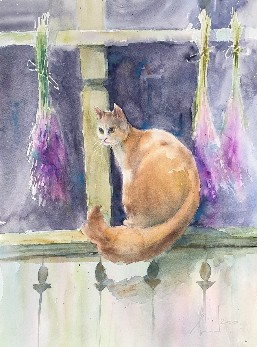 CAT AND LAVENDER original watercolor 30X40 by Beata van Wijngaarden