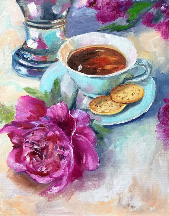 Teacup, Pionies, cookies .Still life.