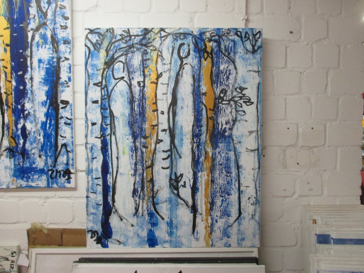 Expressive Portrait Acrylic Painting By Sonja Zeltner-Muller, 31 X 39", Girls And Trees, Original Artwork