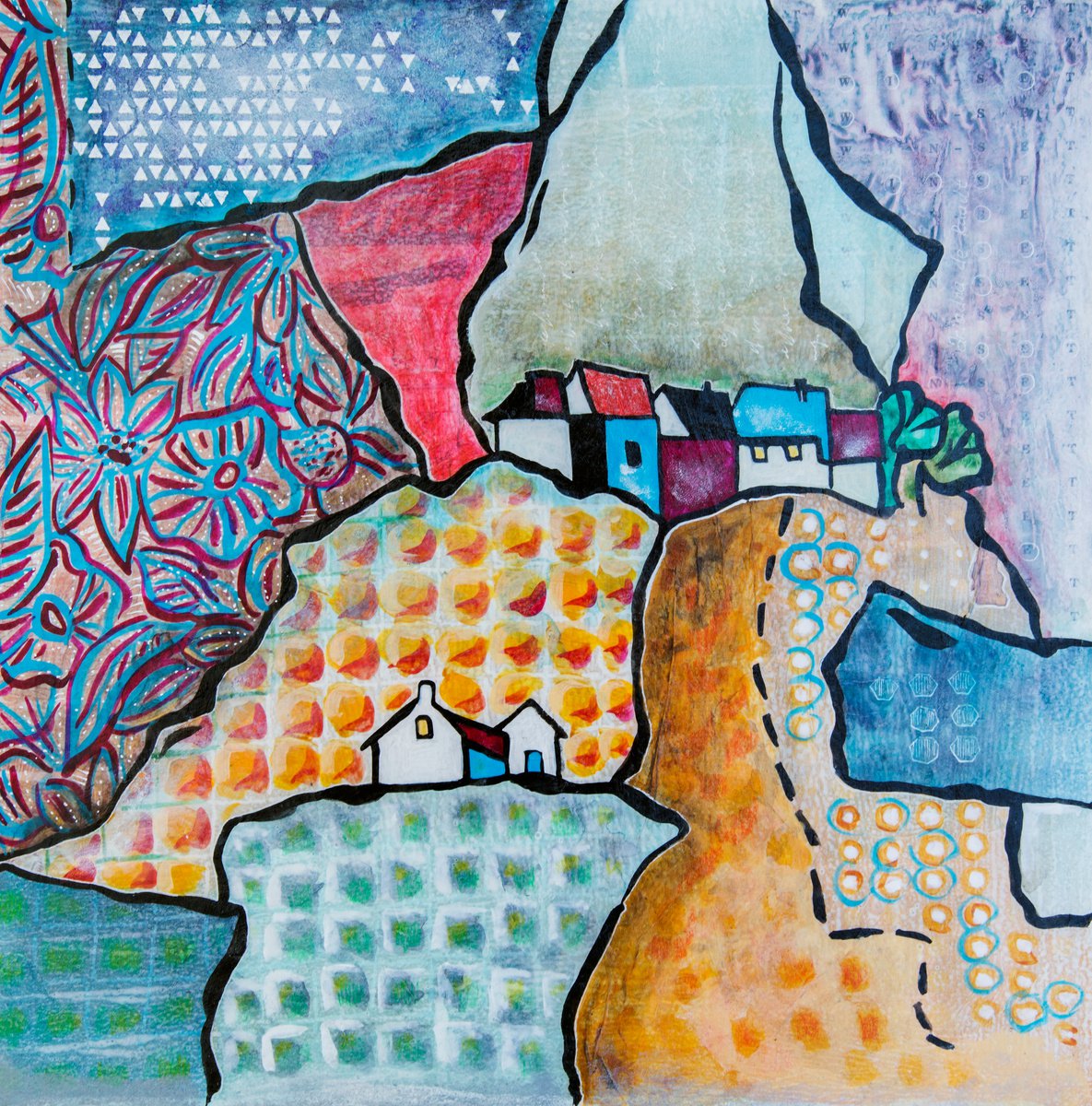 Graphic Landscape Painting By Ariadna De Raadt, 16 X 16, Art Land 7, Original Artwork