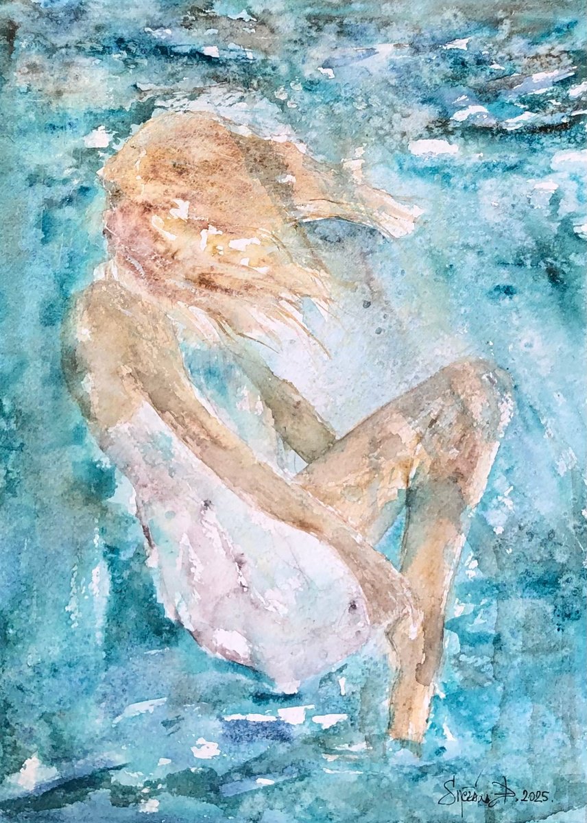 Impressionistic Landscape Watercolour By Snezana Djordjevic, 9 X 12", Blue Stillness, Original Artwork