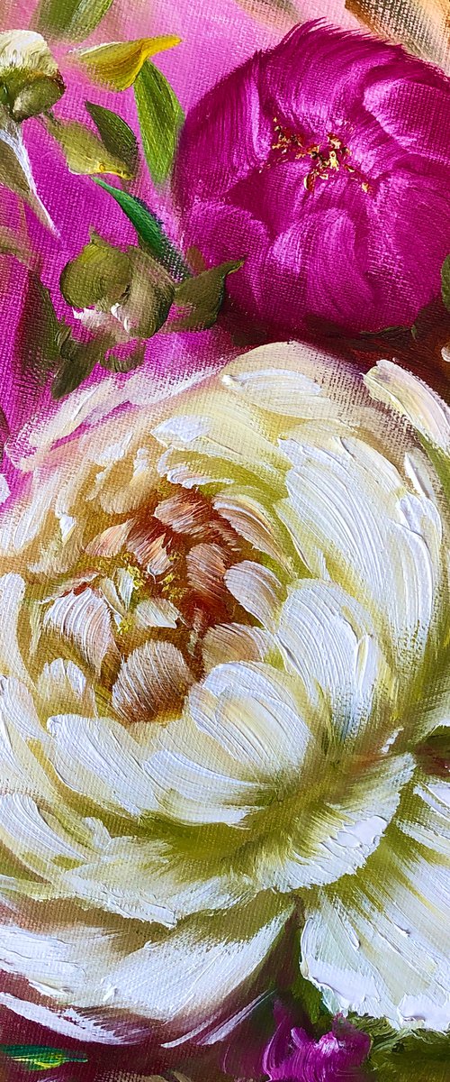 SUNNY GARDEN - Pink flowers. Flowerbed. Gardener. Lush peony. Petals. Flower buds. Mood. by Marina Skromova