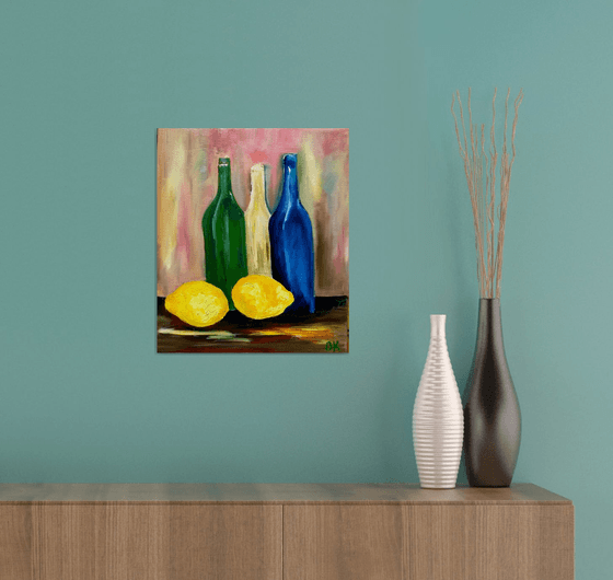 Bottles and lemons. Still life. Palette knife painting on linen canvas