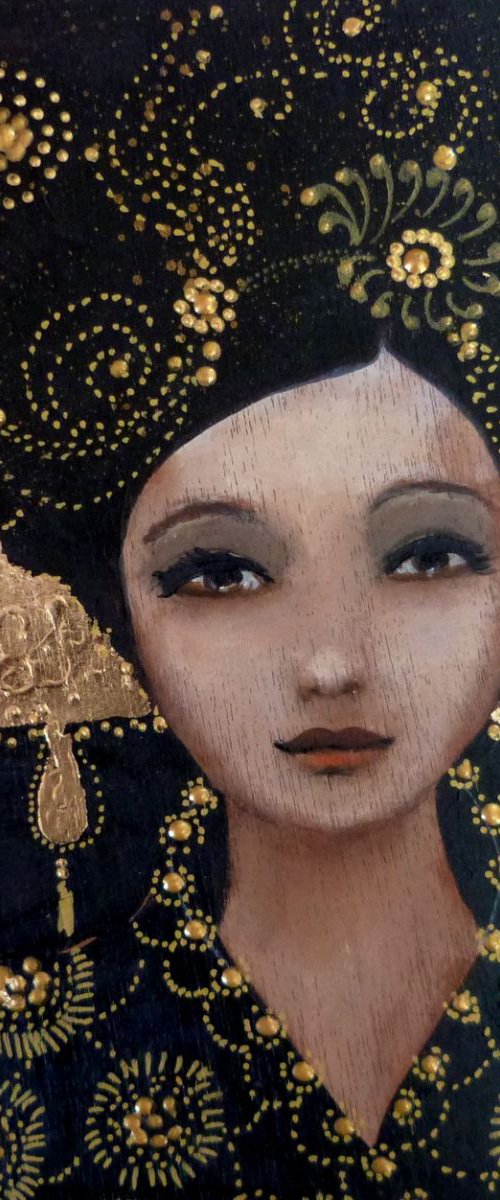 Rhapsody in black and gold acrylic,gold leaf on wood by Loetitia Pillault