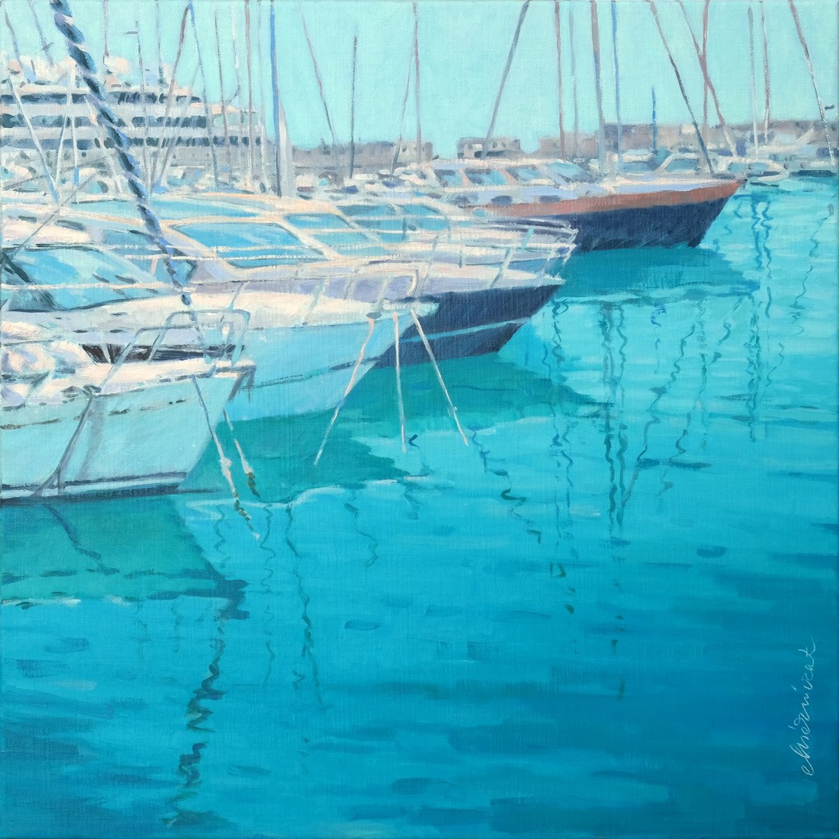 Impressionistic Landscape Oil Painting By Richard Mierniczak, 24 X 24", Yaht Port In Antibes 2., Original Artwork