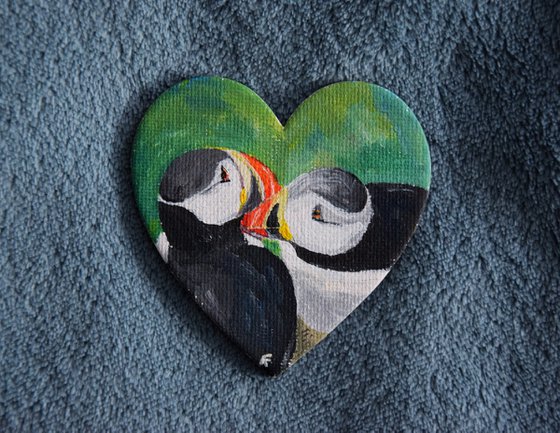 Puffins painting, heart magnet fridge, original acrylic painting, romantic gift