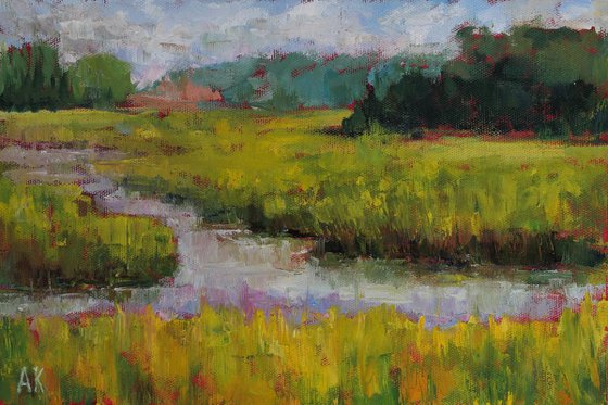 Meadow river - multicolored textured semi abstract landscape oil painting