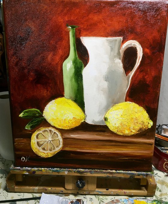 Bottles and lemons.  Still life. Palette knife painting on linen canvas