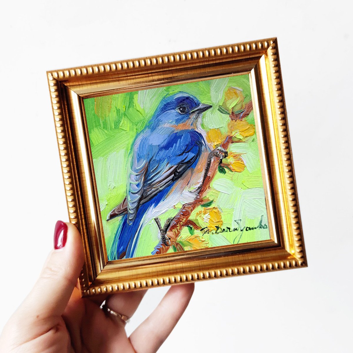 Eastern Bluebird painting original in oil 4x4 framed, Blue bird small wall art framed by Nataly Derevyanko