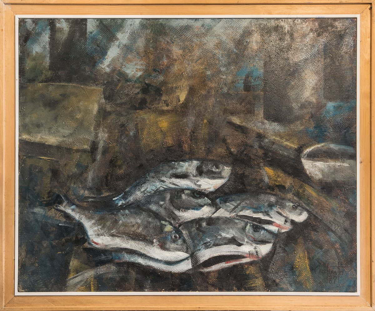 Impressionistic Animal Oil Painting By Matteo Cecchinato, 39 X 33", Still Life With Fish, Original Artwork
