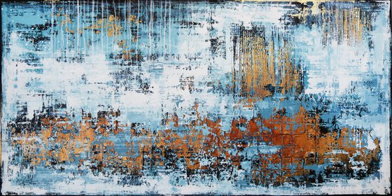 WINTER MORNING * 63" x 31.5" * ACRYLIC PAINTING ON CANVAS * WHITE * BLUE * GOLD