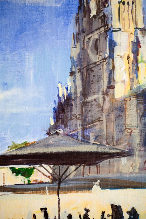 Bordeaux. Veiw of Cathedral with street cafe. Original acrylic painting france shade contrast