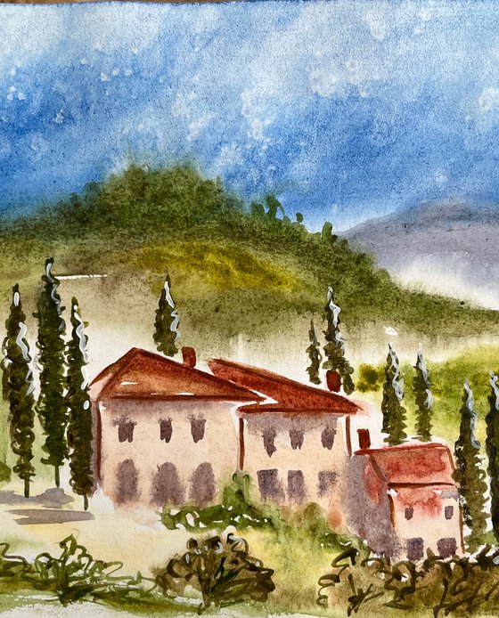 Tuscany Painting Italy Original Art Farm House Watercolor Poplar Tree Artwork Small Landscape Wall Art 12 by 8 inches