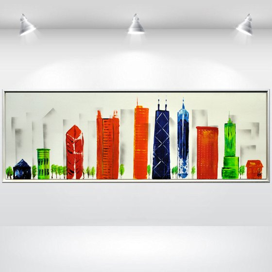 Colourfull Chicago  - abstract acrylic painting, canvas wall art, framed modern art