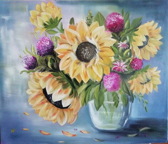 Sunflowers in a vase, original summer flowers, gift idea, bedroom painting