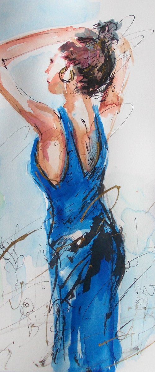 Blue Dress -Figurative Watercolor on paper by Antigoni Tziora