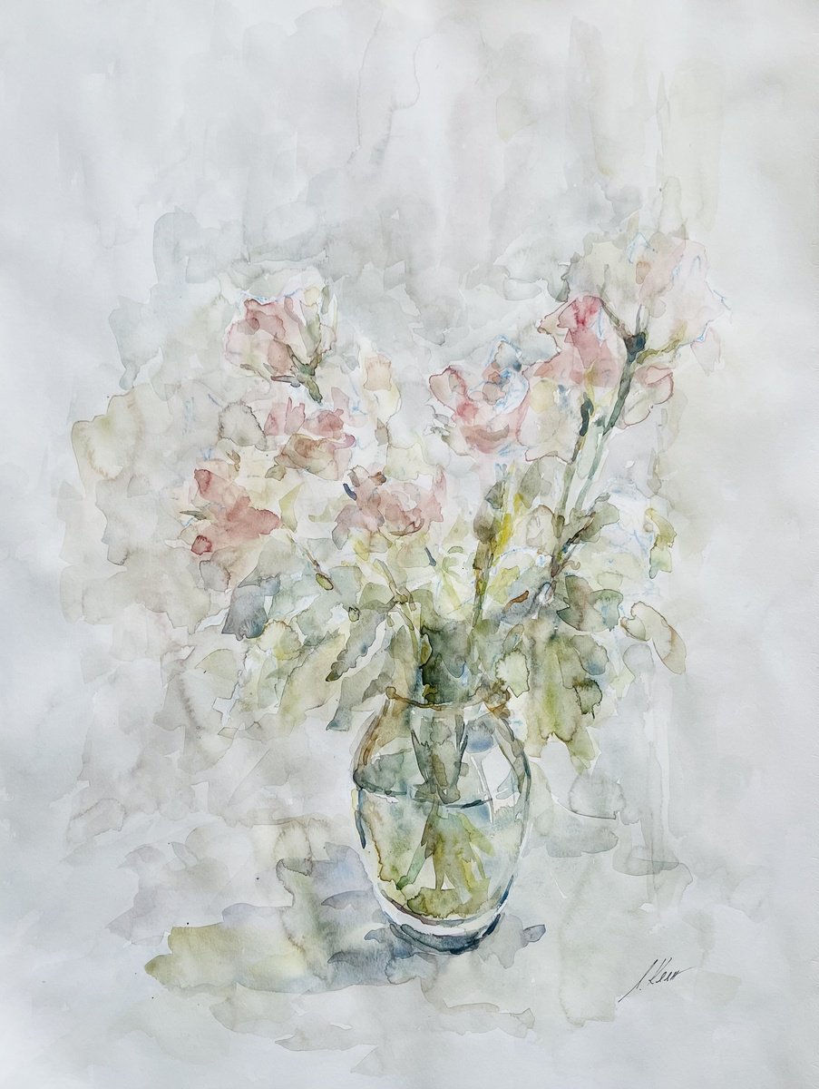 Impressionistic Botanical Watercolour By Elena Klyan, 20 X 26, Roses 50X65 Cm 2025, Original Artwork