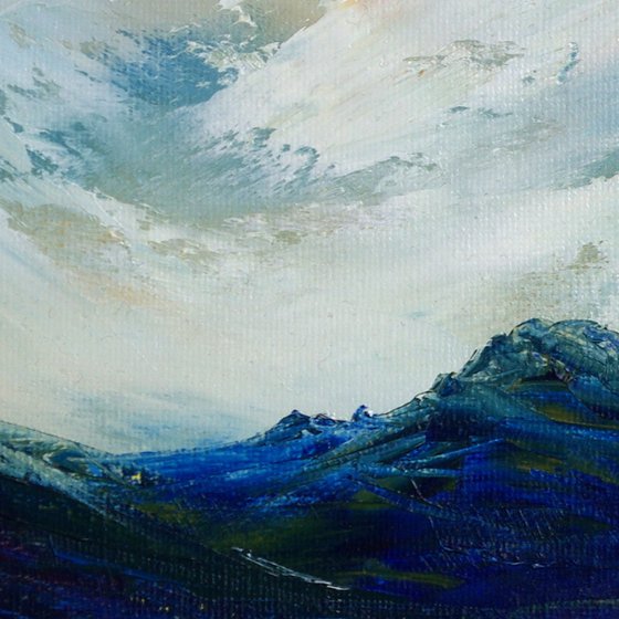 Blue peaks, rugged atmospheric mountain landscape painting