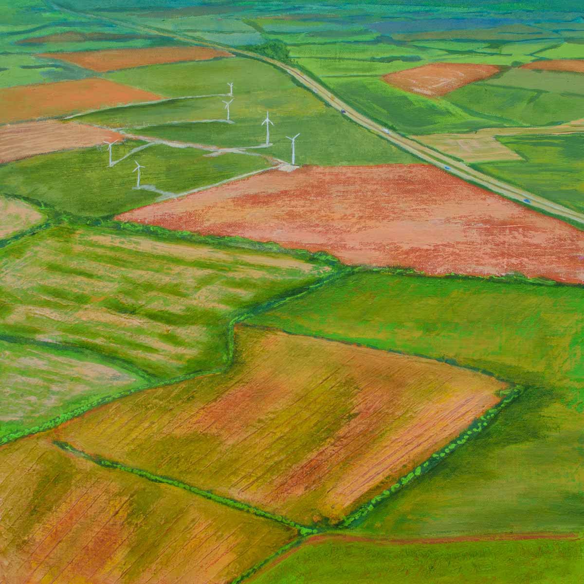 Impressionistic Landscape Acrylic Painting By Km Arts, 19 X 19", Windmills Of Our Time, Original Artwork