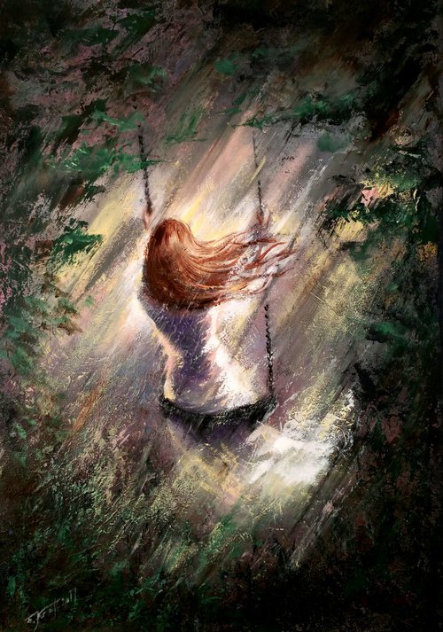 "Dream Swing" Original acrylicl painting ,70x100x4cm.,ready to hang. by Elena Kraft