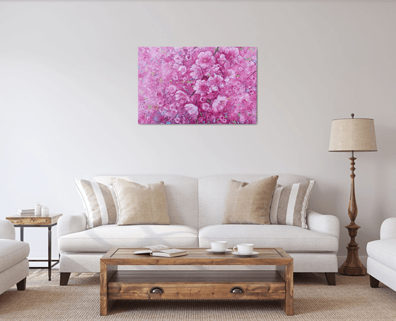 Large abstract flower paintings on canvas, pink blossom artwork, Sakura painting