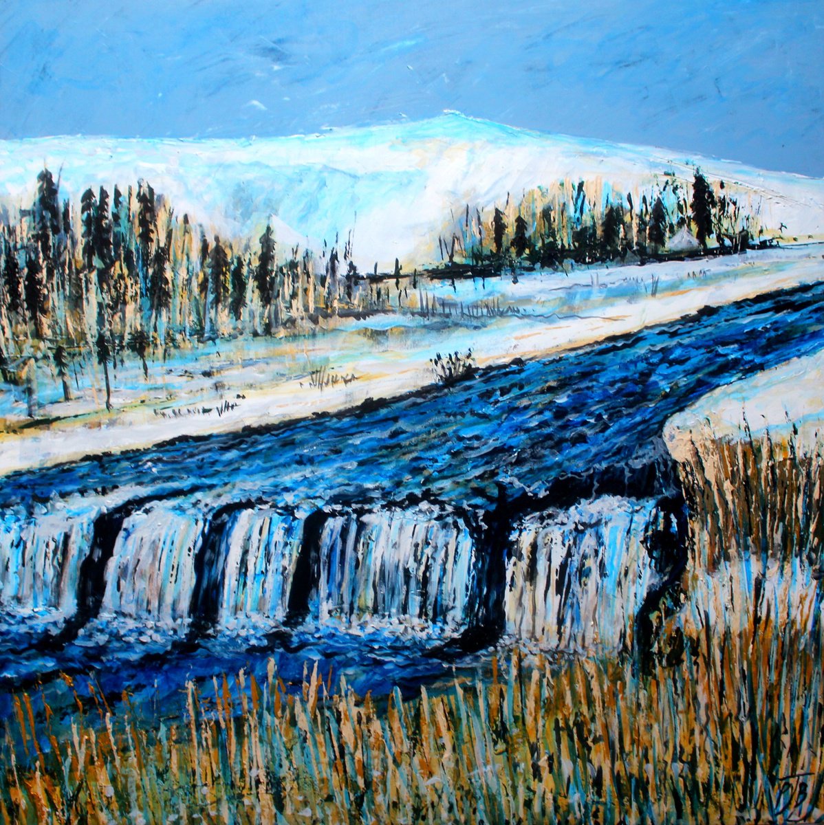 Impressionistic Landscape Acrylic Painting By Paul J Best, 31 X 31", Fire And Ice I, Original Artwork