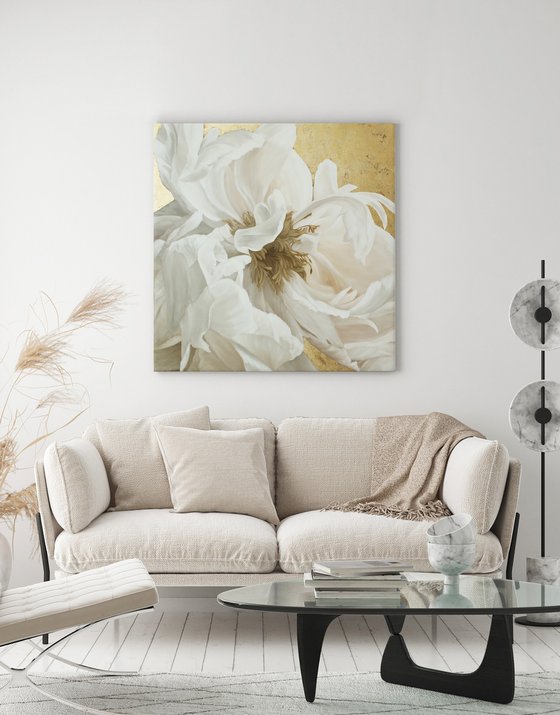 "Silk Flowers 3" White and gold peonies art