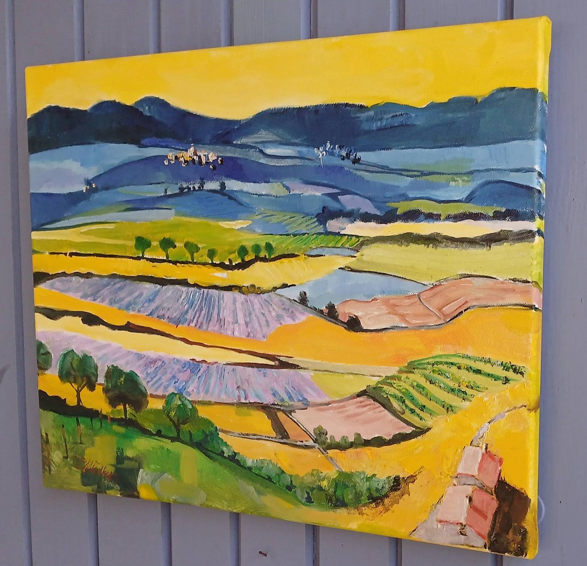 Naive Landscape Oil Painting By Chris Walker, 16 X 13, Luberon, Original Artwork