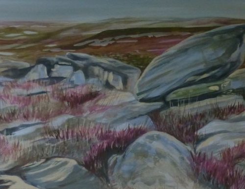 Gritstone and heather by Amanda Lakin Art