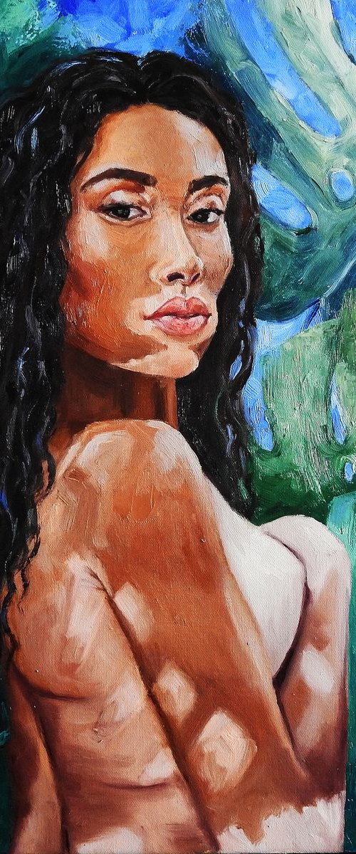 Black Woman Portrait with Monstera Floral Background Original Oil Painting by Olga Tretyak