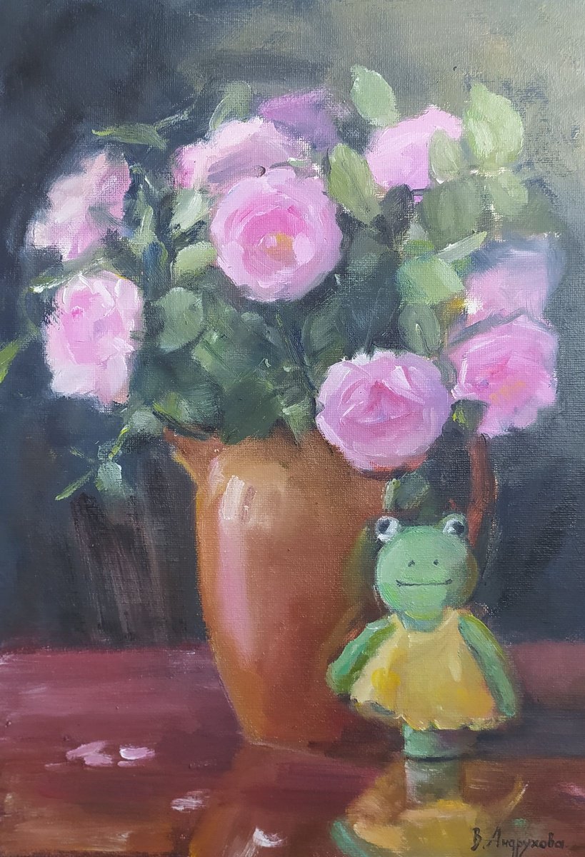Impressionistic Still Life Oil Painting By Valentina Andrukhova, 10 X 14", Rose, Original Artwork