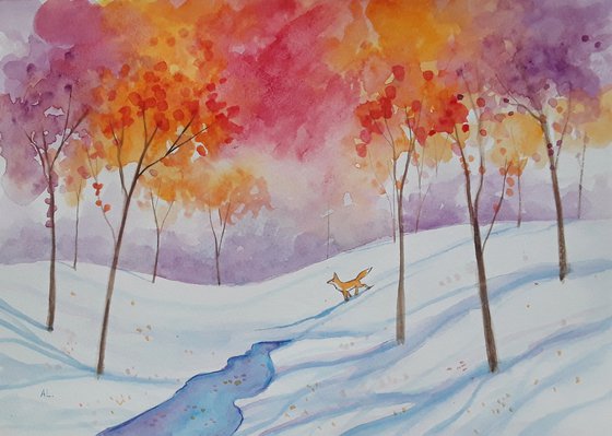 Fox in the winter wood - Autumn colours - Snow Scene
