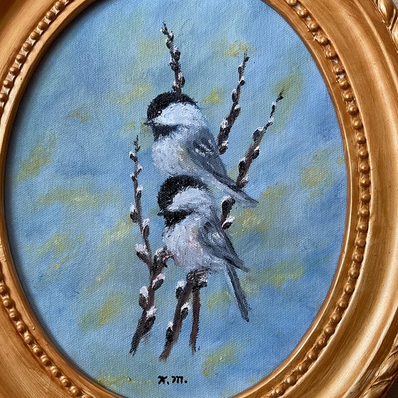 CHICKADEES # 84 - Oil 10X8 Oval Canvas