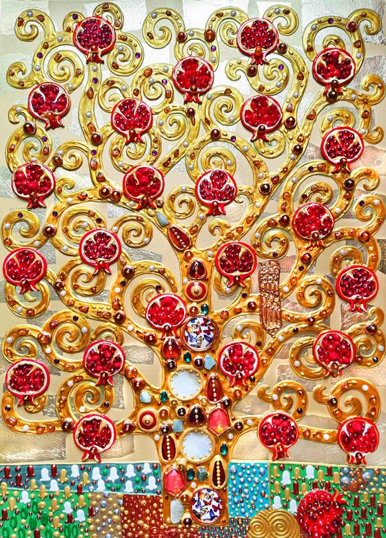 Pomegranate Tree artwork. Golden red art. Decorative wooden relief textured wall hanging sculpture with precious stones and crystal rhinestones. Gift