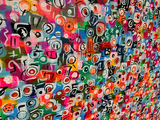 51''x 69''(130 x 175 cm), Life in Colors 38, blue, pink, cream, green black, neon huge pop art bright colors canvas art  - xxxl art - abstract art painting- extra large art