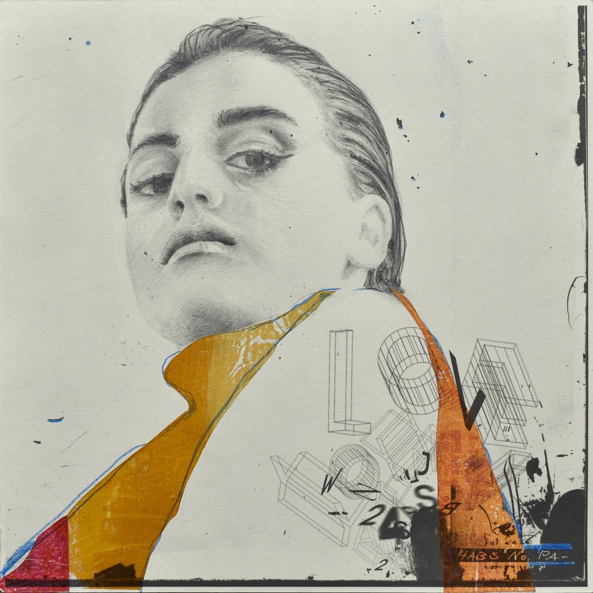 Graphic Portrait Pencil Drawing By Manel Villalonga, 12 X 12", 233 Girl In Yellow, Original Artwork