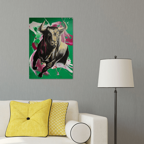 A bull on a green background