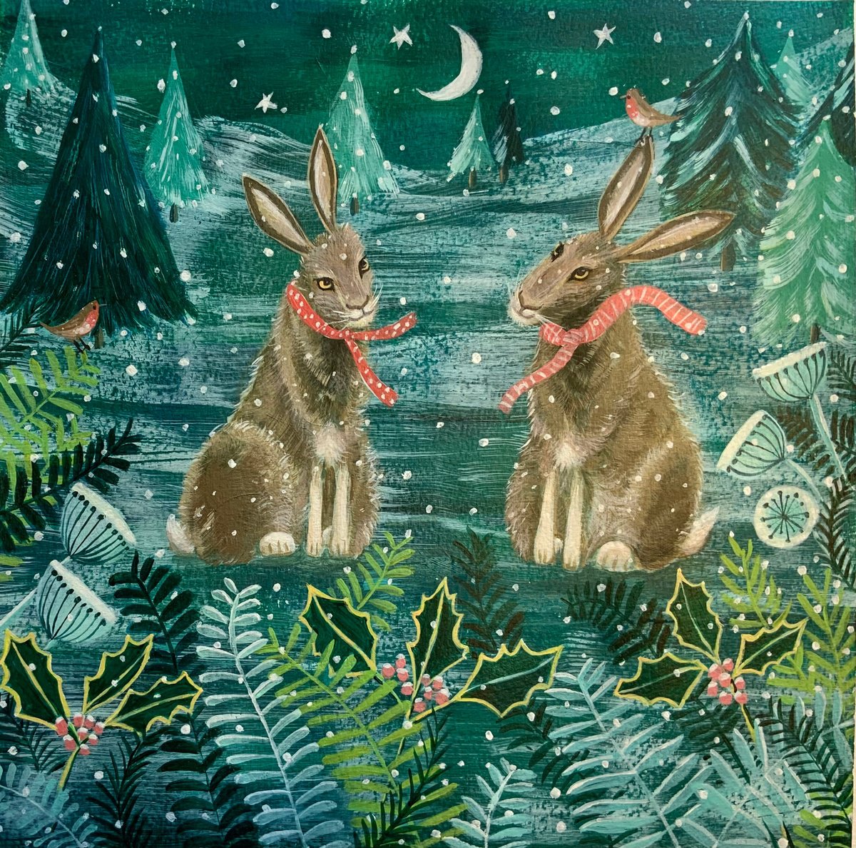 Illustrative Animal Acrylic Painting By Mary Stubberfield, 12 X 11", Winter Hares, Original Artwork