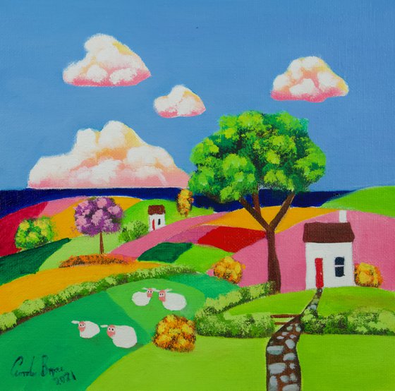 Sheep in a field folk art oil painting on panel