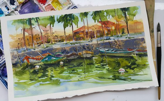 Watercolor landscape with fishing boats. "Seafront in Hoi An. Vietnam"